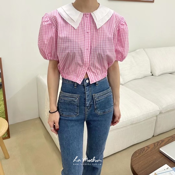 (限量商品)雙層白領縮腰格子上衣
